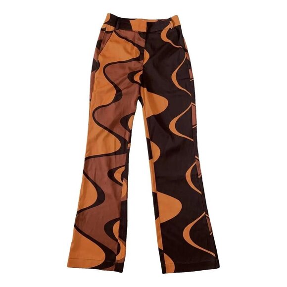HOUSE OF SUNNY orange and brown stretch satin trippy pattern color block pants - Picture 1 of 1